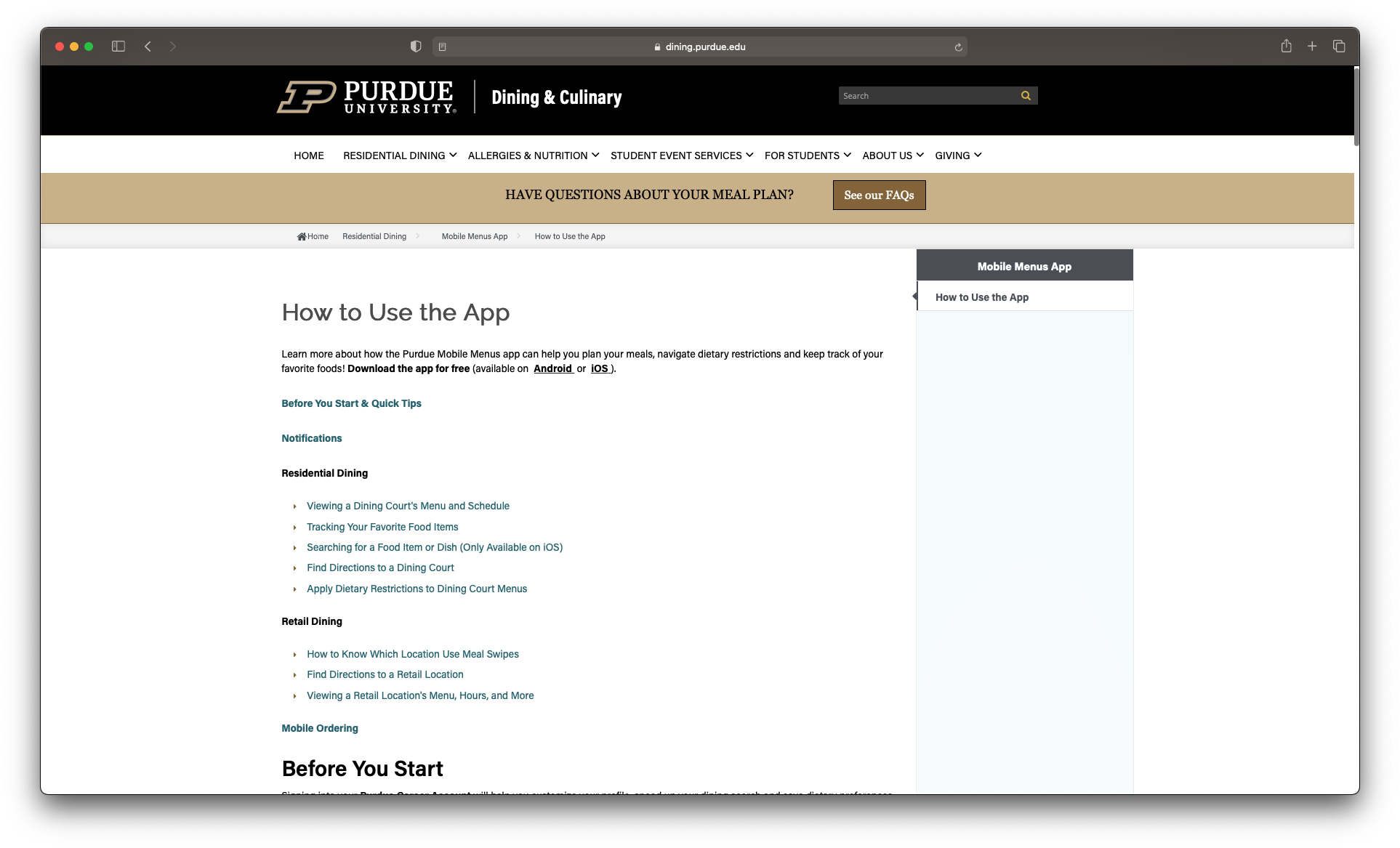 Purdue University Dining App How-To Page