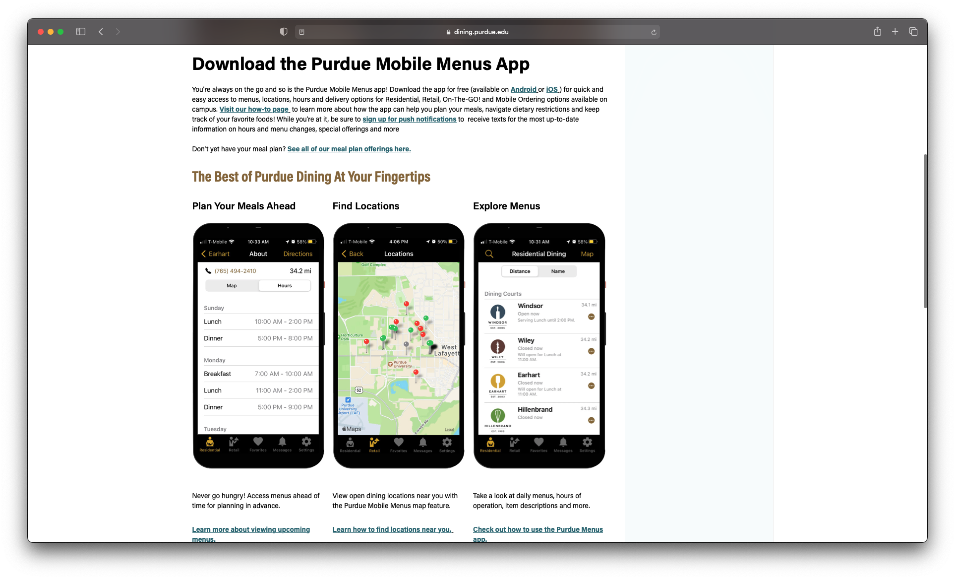 Purdue University Dining App Promotional Page